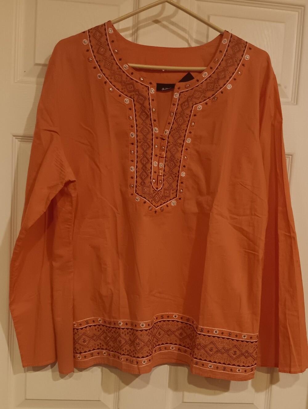 a.n.a Orange Long-Sleeve Embroidered Tunic Shirt